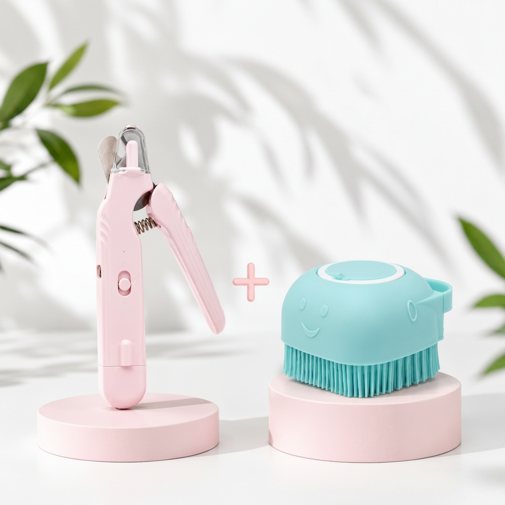 Pink and teal grooming tool set on a white background with green leaves.