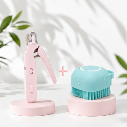 Pink and teal grooming tool set on a white background with green leaves.